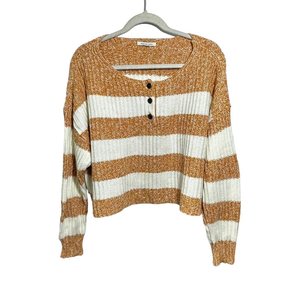 American Eagle Sz M Cropped Sweater Orange White Stripe Knit Oversized